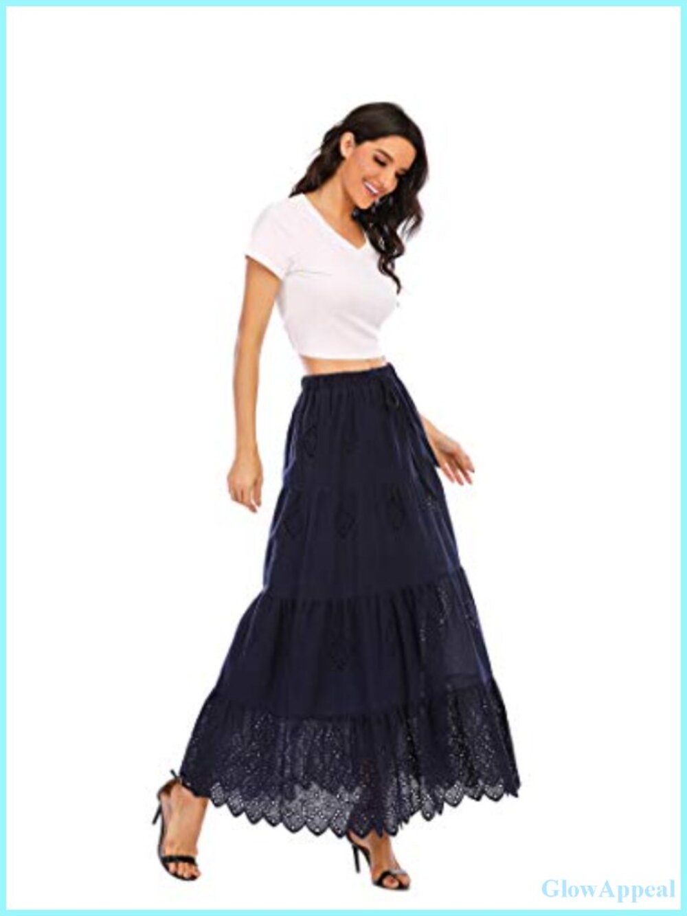 Women's Boho Cotton Embroidered Tiered Maxi Skirt Elastic High Waist A-Line - Picture 3 of 6